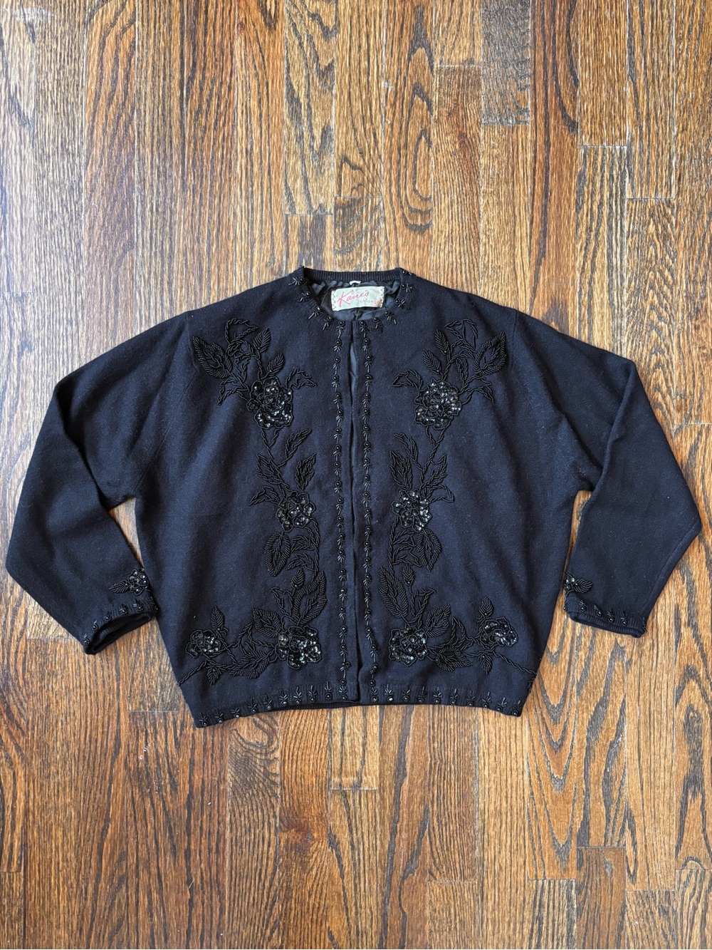 Vintage 50s 60s Kane’s Chicago Black Beaded Witchy Sweater Girl Cardigan
